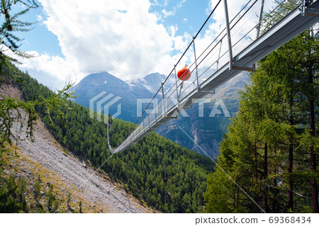 Charles Kuonen suspension bridge in Swiss Alps. With 494 metres, it is the longest suspension bridge in the world in summer landscape Charles Kuonen suspension bridge in Swiss Alps. With 494 metres, it is the longest suspension bridge in the world in summer landscape 69368434