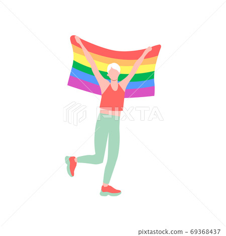 Man walks and holds a rainbow LGBT pride flag.... - Stock Illustration ...