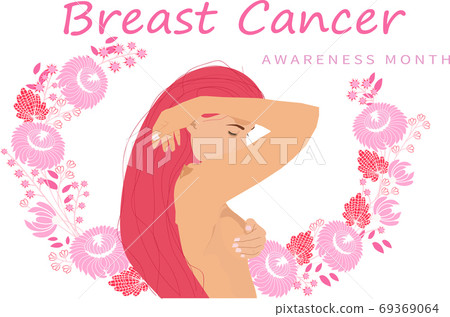 Young topless woman doing breast self-examination (BSE).  Breast Cancer Awareness Month  69369064