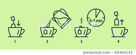 Tea or coffee brewing instruction. Tea, coffee making, brew process icons. Tea or coffee brewing instruction. Tea, coffee making, brew process icons. 69369142