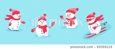 Snowman rejoices, having fun, greets and waves 69369228