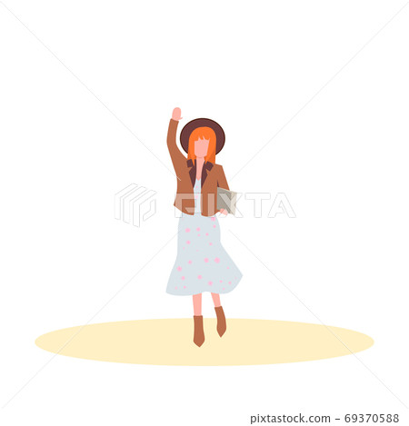 Cute red-haired girl waving hand in a hat and dress. Flat cartoon characters. 69370588