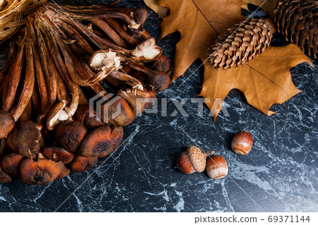 Wild mushrooms on black marble background. Wild mushrooms on black marble background. 69371144