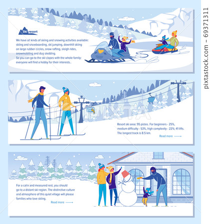 Family Ski Resort Hotel Vector Advertising Set. 69371311