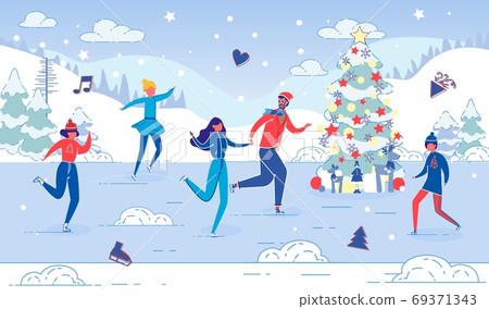 People Enjoy Winter Outdoor Activity on Ice Rink. 69371343