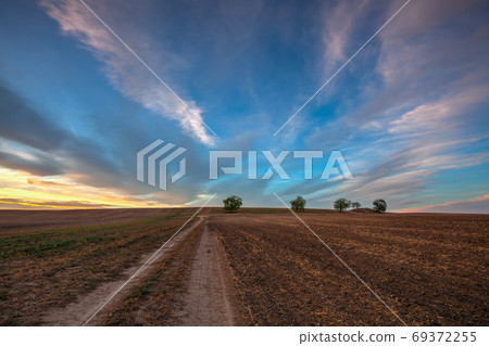 On the dirt road between empty field after On the dirt road between empty field after 69372255
