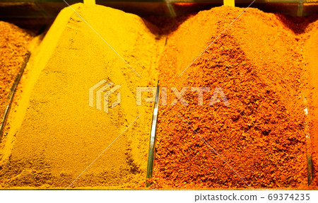 Colorful spices in the Turkish Grand Spice Bazaar in Istanbul, Colorful spices in the Turkish Grand Spice Bazaar in Istanbul, 69374235