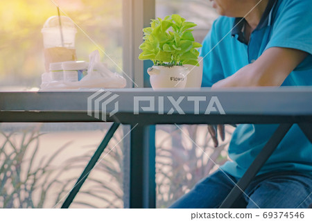 Artificial plants or plastic tree on table for decoration and welcome for customers in coffee shop. Artificial plants or plastic tree on table for decoration and welcome for customers in coffee shop. 69374546