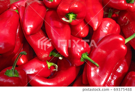 Pile of sweet red peppers, large plani, selective focus. 69375488