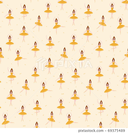 Seamless pattern with cute ballerina poses in yellow tutu, little gymnastics 69375489