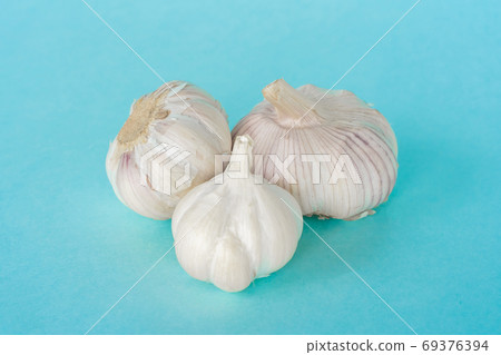Group of garlic heads on blue background Group of garlic heads on blue background 69376394