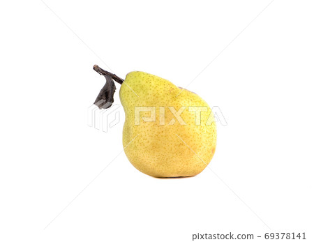 Ripe pear fruit with leaf isolated on white background. Ripe pear fruit with leaf isolated on white background. 69378141