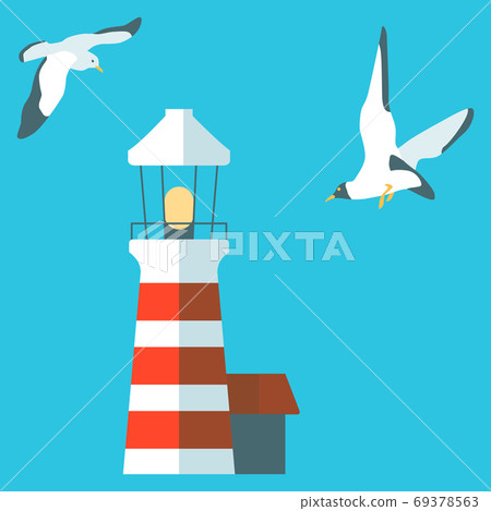 Vintage beacon and seagull on blue backdrop. 69378563