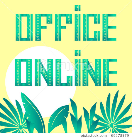 Home plants with office online text on yellow backdrop for remote job vacancy. 69378579