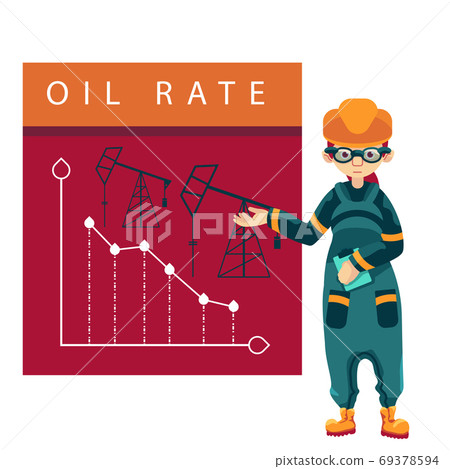 Female engineer reports oil rate drop on white isolated backdrop. 69378594