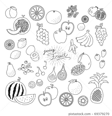 Line art and hand-drawn illustration icons of various fruits 69379270
