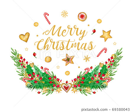 Watercolor Christmas festive decor. Wreath with fir branches, cookies, candy and red berries 69380043