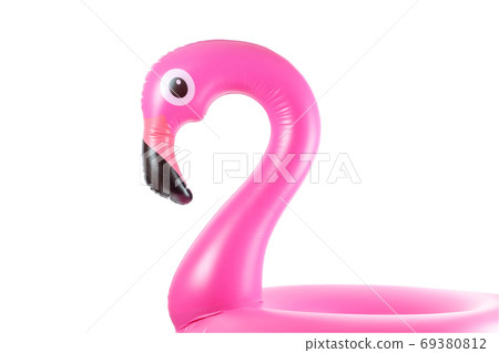 Summer fun beach. Pink pool inflatable flamingo for summer beach isolated on white background. Funny bird toy for kids. 69380812