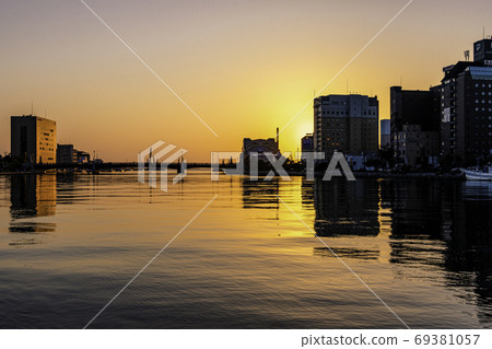 Sunset over the Kushiro River and fishing boat 69381057