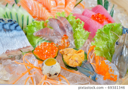 Mixed sashimi - japanese food style on white background Mixed sashimi - japanese food style on white background 69381346
