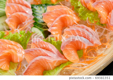 Close up Salmon sashimi - japanese food style 69381351