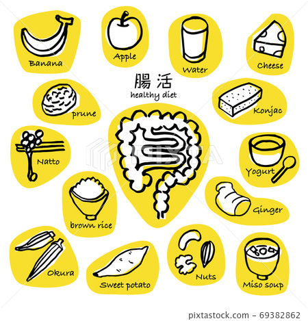 A hand-drawn line drawing of a food set that stimulates intestinal movement Yellow A hand-drawn line drawing of a food set that stimulates intestinal movement Yellow 69382862