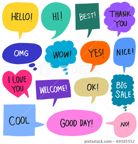 Hand drawn set of colorful speech bubbles with handwritten short phrases hello, hi, best, thank you, omg, wow, yes, nice, love, welcome, ok, cool, no. 69385552