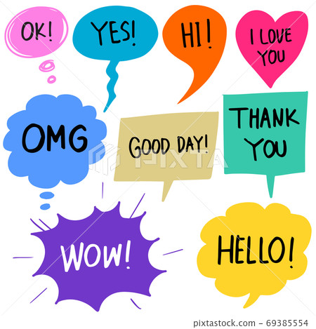 Hand drawn set of colorful speech bubbles with handwritten short phrases hello, hi, thank you, omg, yes, love, ok . Hand drawn set of colorful speech bubbles with handwritten short phrases hello, hi, thank you, omg, yes, love, ok . 69385554