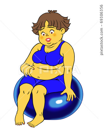 Chubby woman playing a balance ball 69386356
