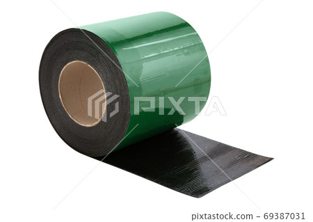 green roll of rubber reinforced tape, for hermetic joints of the roof, on a white background green roll of rubber reinforced tape, for hermetic joints of the roof, on a white background 69387031