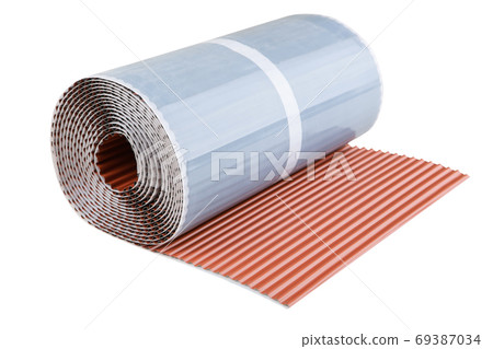 roll of wide metal adhesive tape, for roof joint, on a white background, roofing materials roll of wide metal adhesive tape, for roof joint, on a white background, roofing materials 69387034
