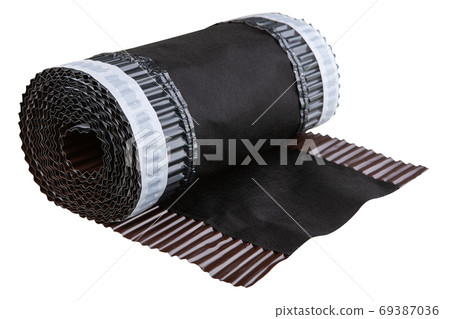 a roll of insulating fabric with corrugated metal for hermetic joining of the roof, roofing materials, on a white background, isolate a roll of insulating fabric with corrugated metal for hermetic joining of the roof, roofing materials, on a white background, isolate 69387036