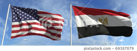Flags of the United States and Egypt on flagpoles. 3d rendering Flags of the United States and Egypt on flagpoles. 3d rendering 69387079