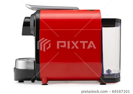modern red coffee machine for preparing capsule coffee, on a white background 69387101