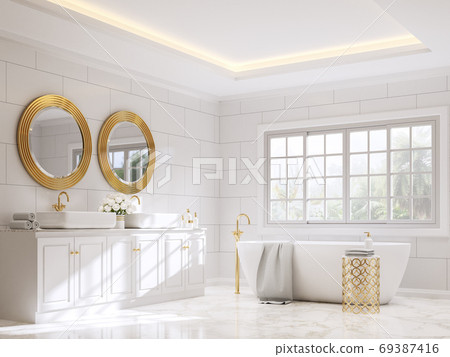 Classical style bathroom with white and gold 3d render Classical style bathroom with white and gold 3d render 69387416
