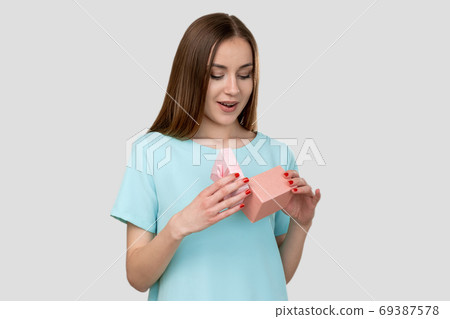 birthday surprise holiday present astonished woman birthday surprise holiday present astonished woman 69387578