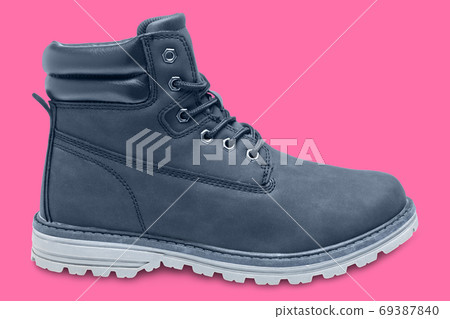 blue nubuck leather high boot, on pink background, concept, everyday sports shoes blue nubuck leather high boot, on pink background, concept, everyday sports shoes 69387840