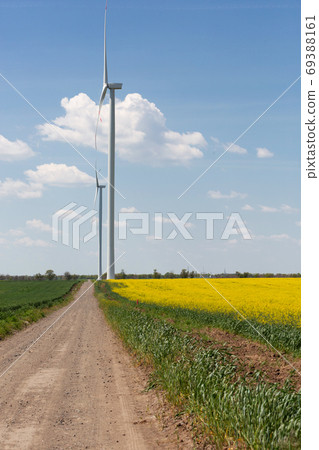 a dirt road leading to several wind turbine generators, next to a field of flowering canola, the concept a dirt road leading to several wind turbine generators, next to a field of flowering canola, the concept 69388161
