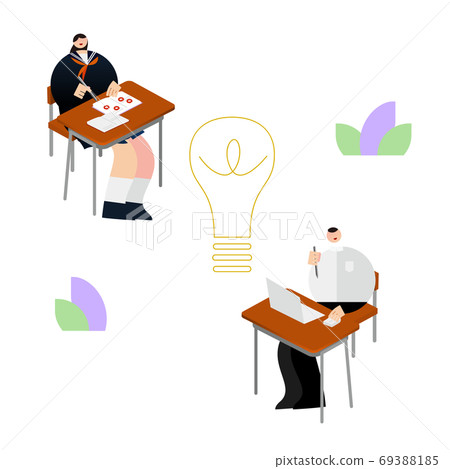 Illustration / graphic material: Junior high school student studying at the light bulb mark and desk 69388185