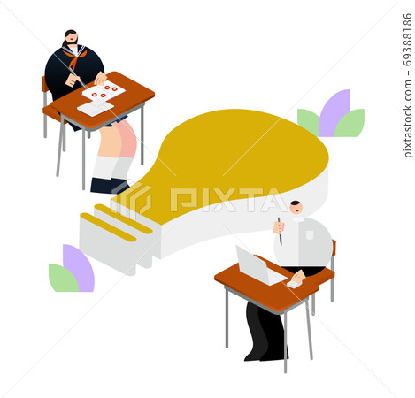 插圖/圖形素材：初中生在燈泡標記和桌子上學習 69388186