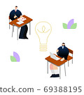 Illustration / graphic material: High school student studying at the light bulb mark and desk 69388195