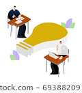 Illustration / Graphic Material: High school boy studying at the light bulb mark and desk 69388209