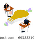 Illustration / graphic material: High school girl studying at the light bulb mark and desk 69388210