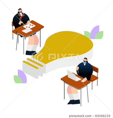 Illustration / graphic material: High school girl studying at the light bulb mark and desk 69388210