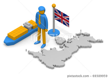 British trade business. United Kingdom map and national flag. Businessmen and cargo ships. 69389959