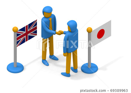 英日貿易關係。英國和日本的旗幟。握手的一位商人。形成友好關係。 69389963