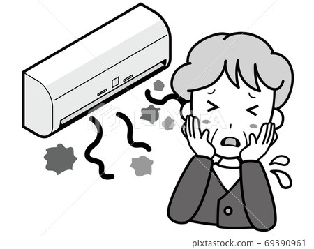 An old woman who is having trouble with an air conditioner that blows out dust An old woman who is having trouble with an air conditioner that blows out dust 69390961