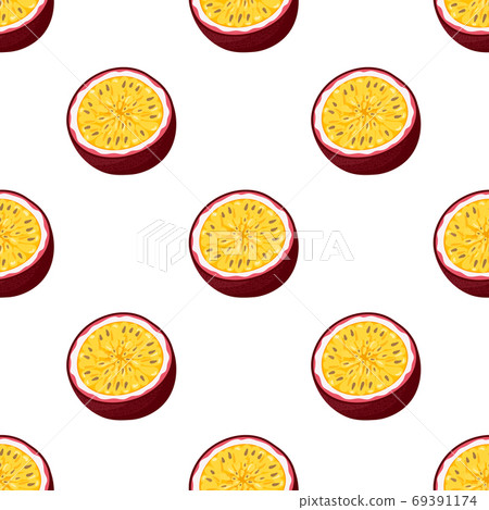Seamless pattern with fresh bright exotic cut slice passion fruit on white background. Summer fruits for healthy lifestyle. Organic fruit. Cartoon style. Vector illustration for any design. Seamless pattern with fresh bright exotic cut slice passion fruit on white background. Summer fruits for healthy lifestyle. Organic fruit. Cartoon style. Vector illustration for any design. 69391174