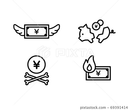Set of consumption, waste, and debt icons / illustration / poverty / wings / wings / piggy bank / burning / flame / economy Set of consumption, waste, and debt icons / illustration / poverty / wings / wings / piggy bank / burning / flame / economy 69391414