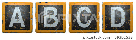 Public road sign orange and black color with a capital set of letters A, B, C. D in the center isolated on white background. 3d 69391532
